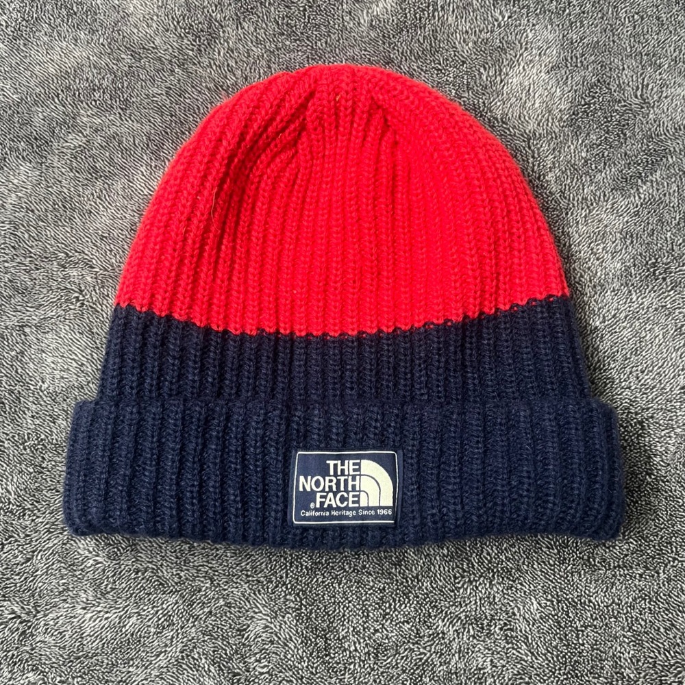 The North Face Red Navy Blue Colorblock Ribbed Knit Heritage Beanie Hat Size Med